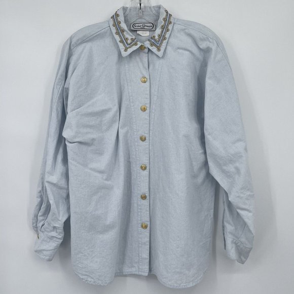 Vintage Saint Germain Paris blue blouse top oversized gold buttons size small - Picture 2 of 6